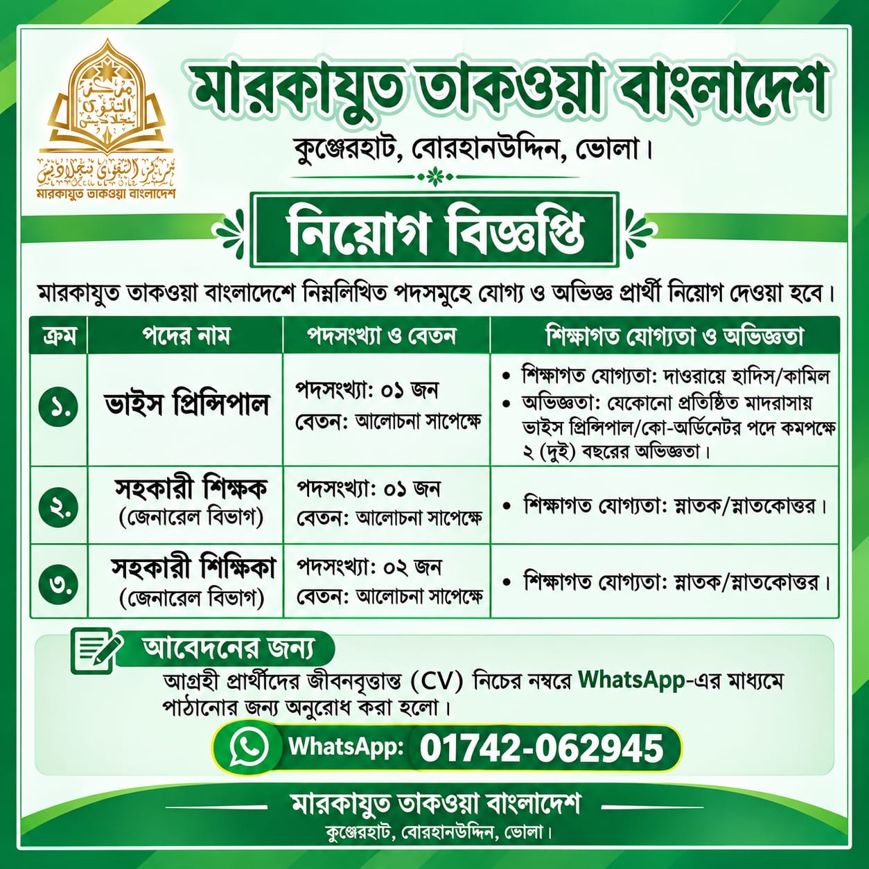 একাধিক পদে নিয়োগ বিজ্ঞপ্তি চলমান